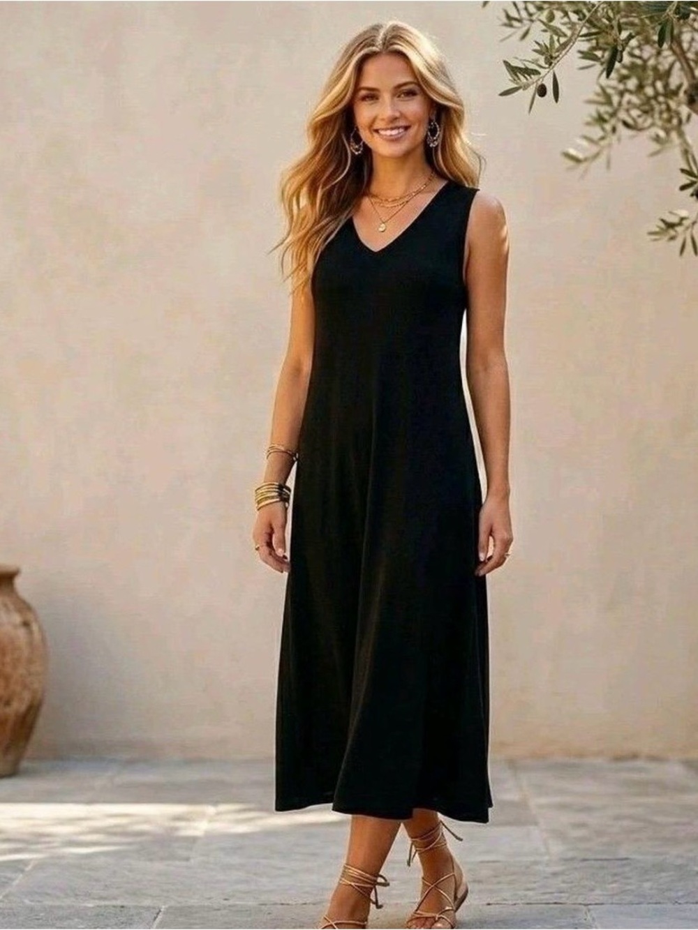 Eileen Fisher Black Sleeveless V-Neck Midi Dress